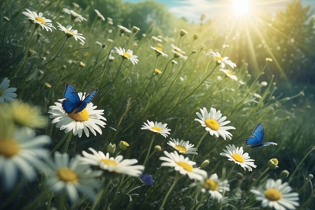 Camomilas margaritas macro en verano campo de primavera en el fondo cielo azul con sol y una mariposa voladora vista panorámica de la naturaleza paisaje natural de verano con espacio de copia