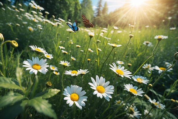 Camomilas margaritas macro en verano campo de primavera en el fondo cielo azul con sol y una mariposa voladora vista panorámica de la naturaleza paisaje natural de verano con espacio de copia