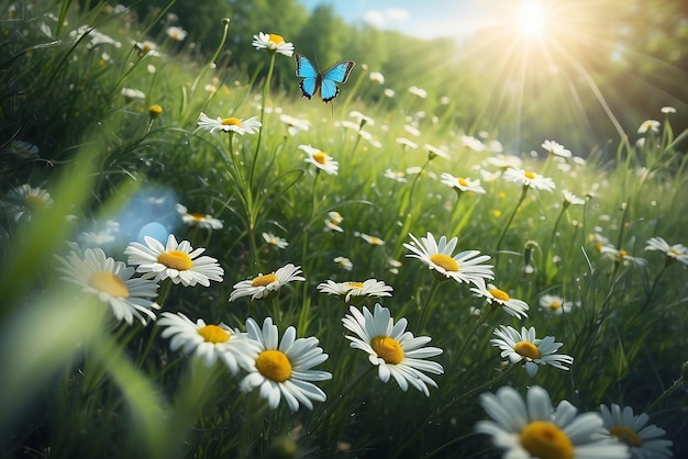 Camomilas margaritas macro en verano campo de primavera en el fondo cielo azul con sol y una mariposa voladora vista panorámica de la naturaleza paisaje natural de verano con espacio de copia