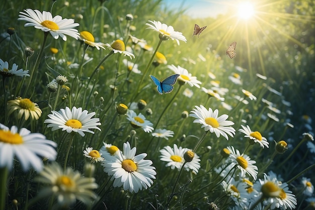 Camomilas margaritas macro en verano campo de primavera en el fondo cielo azul con sol y una mariposa voladora vista panorámica de la naturaleza paisaje natural de verano con espacio de copia