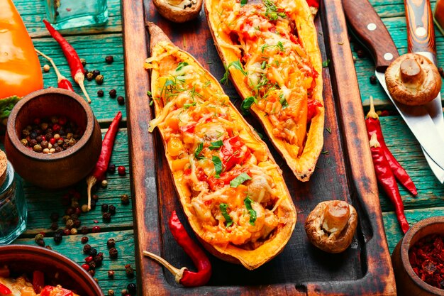 Camote o ñame con pimientos, quinoa y champiñones, comida sana vegetariana.