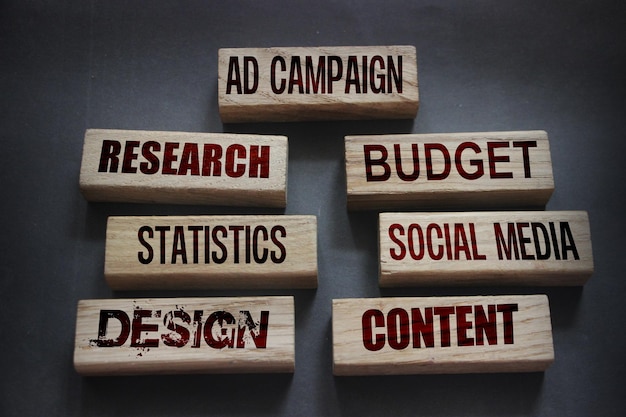 CAMPAÑA DE ANUNCIOS estadísticas de presupuesto de investigación diseño de redes sociales palabras de contenido en bloques de madera Concepto de publicidad de marketing
