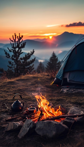 Campamento al atardecer en el desierto de la montaña con tienda y fuego