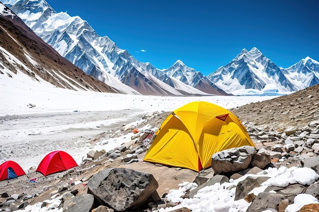 Campamento de alta montaña con tiendas de campaña en el campamento intermedio del Himalaya antes de escalar IA Generativa