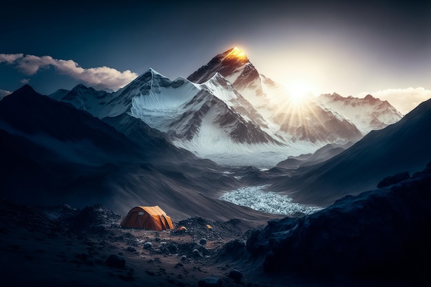 Campamento base del Everest al amanecer con el amanecer iluminando los majestuosos picosxA