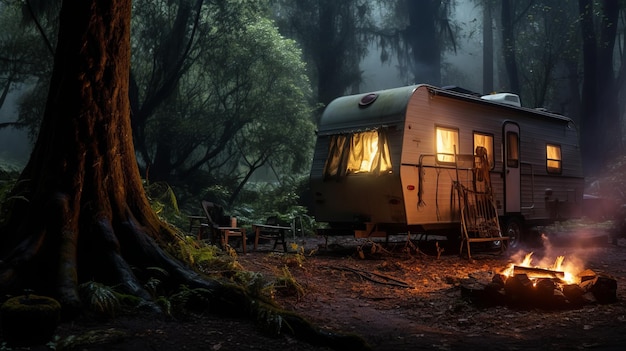 Campamento en el bosque encantado con remolque Hermosa imagen ilustrativa IA generativa