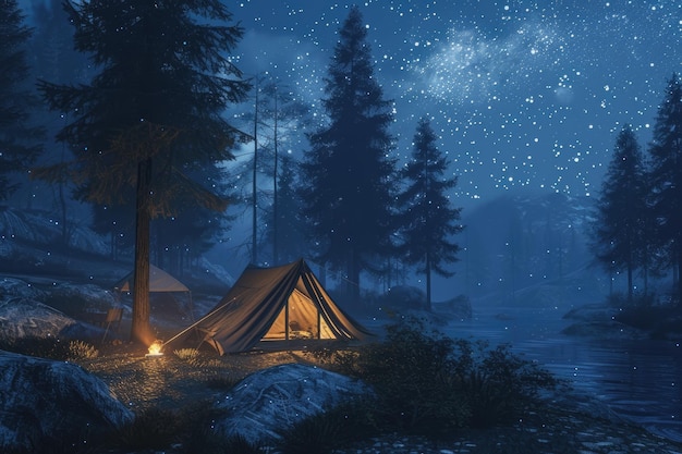 Un campamento iluminado por las estrellas en medio de un bosque sereno