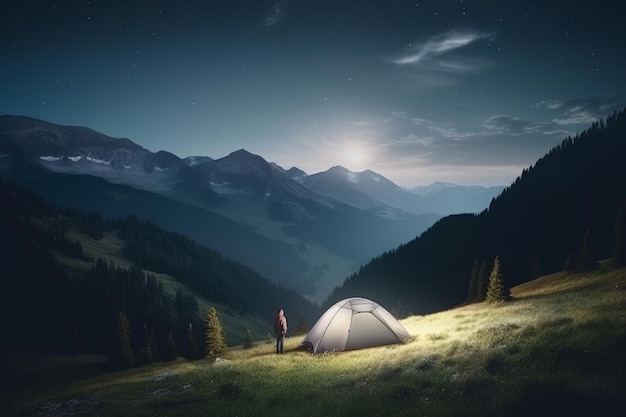 Campamento nocturno en las montañas con una fogata encendida y un cielo estrellado IA generativa