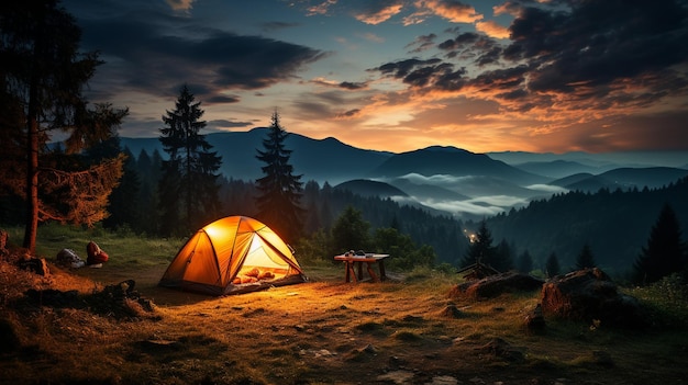 Campamento nocturno de verano bosque de abetos en el cielo de fondo con estrellas cadentes y la Vía Láctea