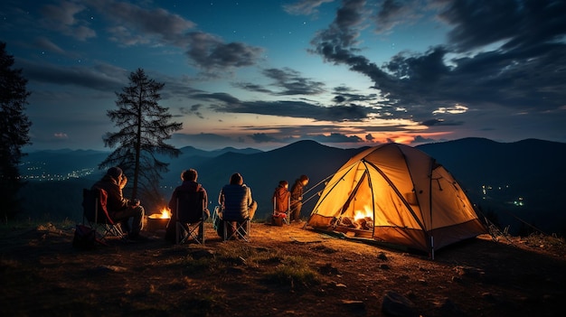 Campamento nocturno de verano bosque de abetos en el cielo de fondo con estrellas cadentes y la Vía Láctea