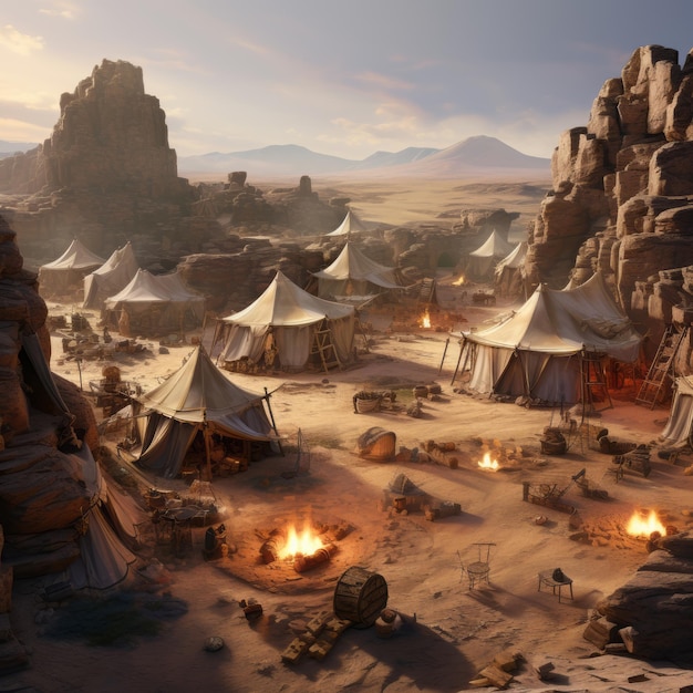 El campamento del Oasis Una visión impresionante de las mazmorras del desierto y los dragones del aventurero