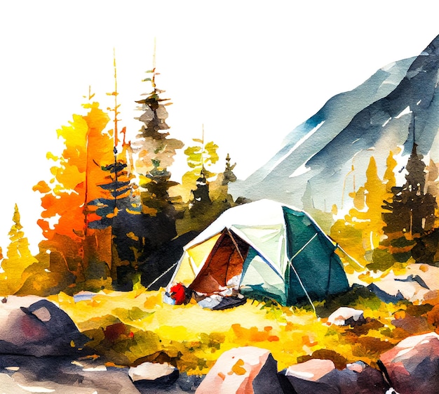 Campamento a principios de otoño en las montañas en un día soleado Ilustración en acuarela