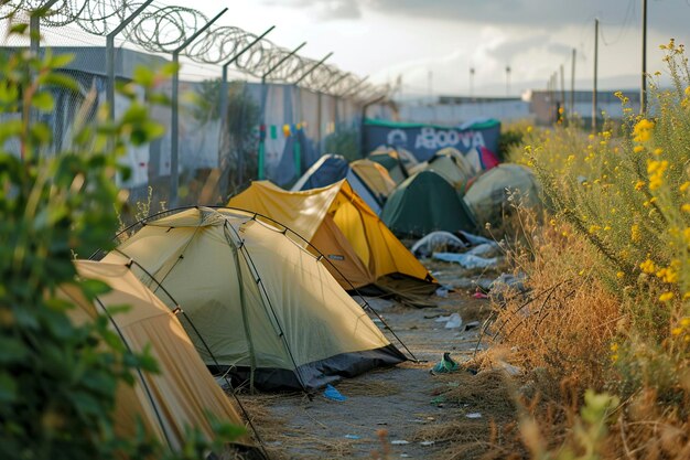 Foto campamento de refugiados con una valla de púas muy alta