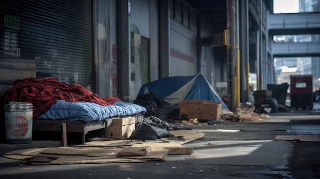 Foto campamento de tiendas de campaña para sin techo en una calle de la ciudad