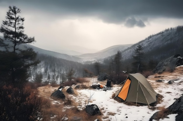 El campamento de tiendas de campaña turístico en las tierras altas cubertas de nieve y niebla generado por la red neuronal