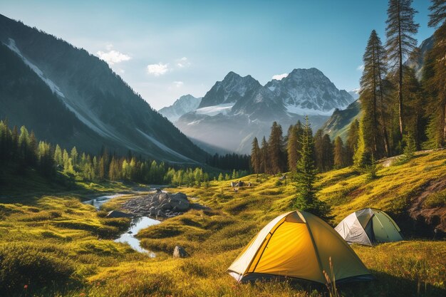 Foto campamento turístico en las montañas tienda de campaña en primer plano