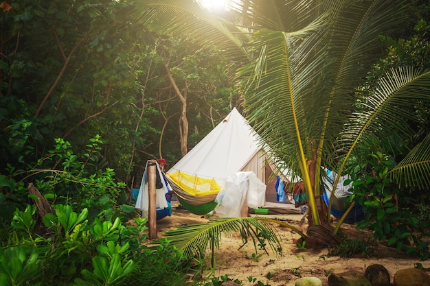 Campamento turístico en la selva tropical. El concepto de viajes, turismo y supervivencia.