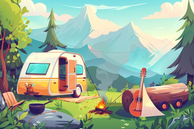 Campamento de verano durante el día Caravana RV con carpa de olla caldero de troncos y guitarra en la fogata con vista a la montaña Viaje de campamento de verano actividades de senderismo Ilustración moderna de dibujos animados