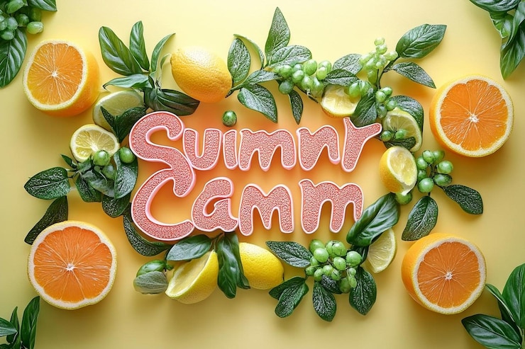 Foto el campamento de verano de inscripción en una vista superior de fondo de color
