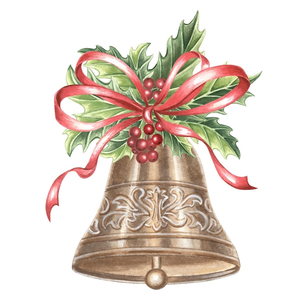 Campana de bronce adornada con arco de seda y árbol de Navidad de acebo decoraciones de vacaciones de año nuevo en vintage