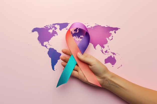 Foto campaña por el día mundial del cáncer con cintas de colores y un mapa del mundo