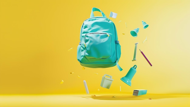 Campana escolar de mochila turquesa y diferentes artículos de papelería volando sobre un fondo amarillo IA generativa