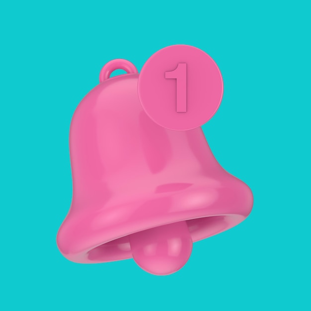 Campana de notificación de redes sociales de dibujos animados rosa con icono de mensaje nuevo en representación 3d de estilo duotono