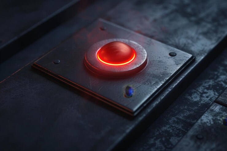 Foto una campana roja en una mesa negra representación 3d realista de un botón de alerta roja