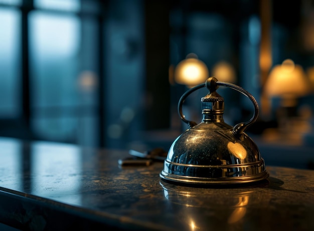 Campana de servicio de hotel en una mesa en una habitación de hotel o restaurante