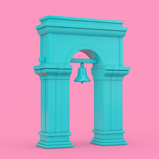 Campanario azul con arco y campana colgante en estilo duotono sobre un fondo rosa. Representación 3D