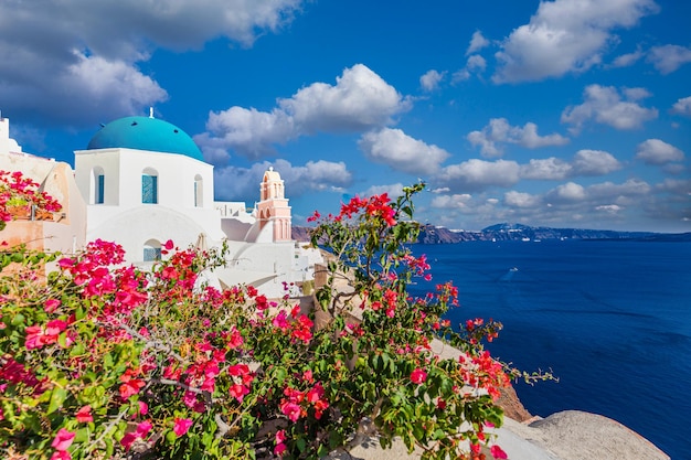 Campanario de cúpulas azules de iglesias y flores en Oia Santorini Grecia Famoso paisaje de viaje