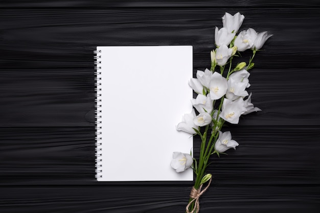 Campanas de flores blancas y cuaderno vacío para su texto sobre un fondo de madera negra.