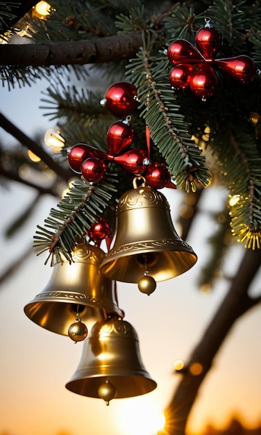 Las campanas de Navidad colgando de un árbol brillando bajo la suave luz del sol poniente