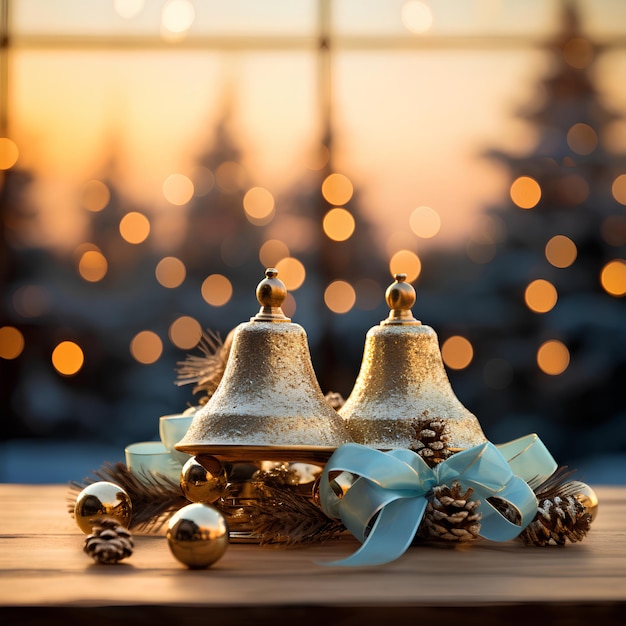 Campanas de Navidad en la mesa frente a un árbol de Navidad Foto