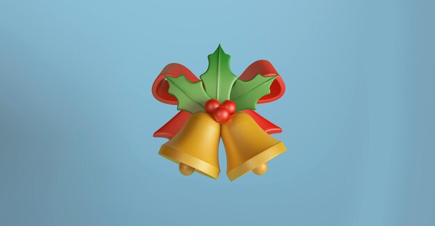 Campanas navideñas festivas con acebo y cinta roja sobre un fondo azul