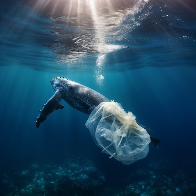 Foto campanha fotográfica de poluição oceânica com baleias nadando com sacos plásticos flutuando