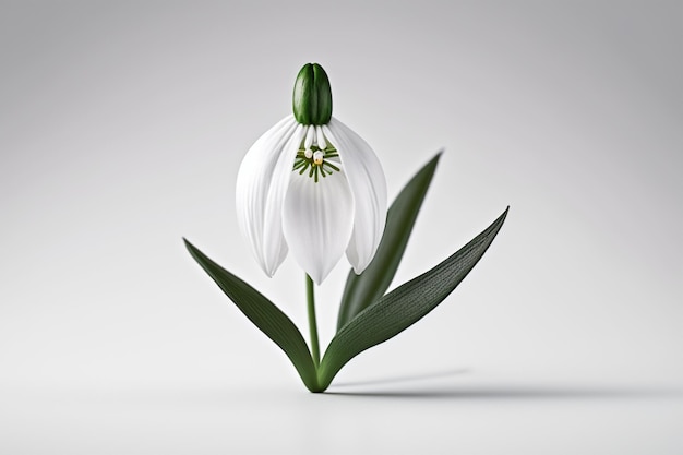 Una campanilla blanca con hojas verdes y un tallo verde