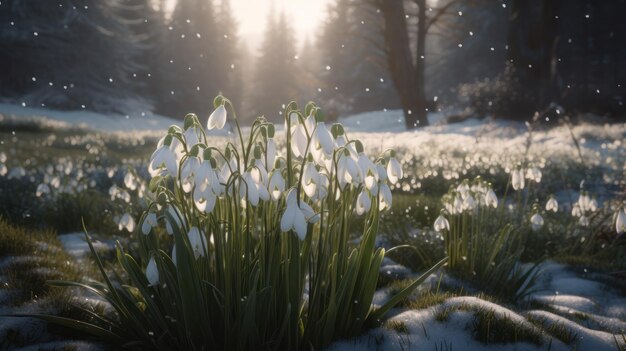 Campanillas de invierno en la nieve con nieve en el suelo