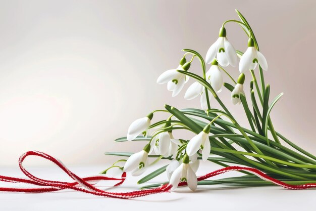 Campanillas de invierno y símbolo de primavera de cordón blanco rojo