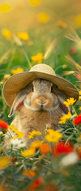 Campeão de Esconde-se Coelho bonito com chapéu num campo de flores de sol