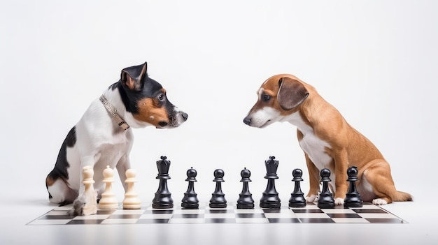 Foto el campeón de ajedrez brainy jack russell terrier supera a su oponente con gafas en una batalla épica de ajedres