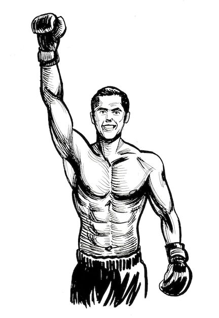 Campeón de boxeo. Dibujo a tinta en blanco y negro