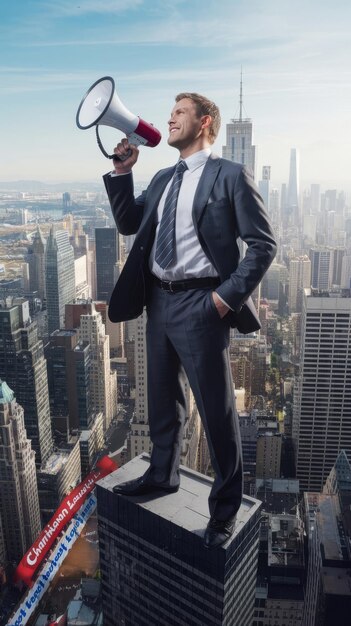 Campeón y concepto de liderazgo con orgulloso y satisfecho hombre de negocios en la parte superior de strs en megapoli