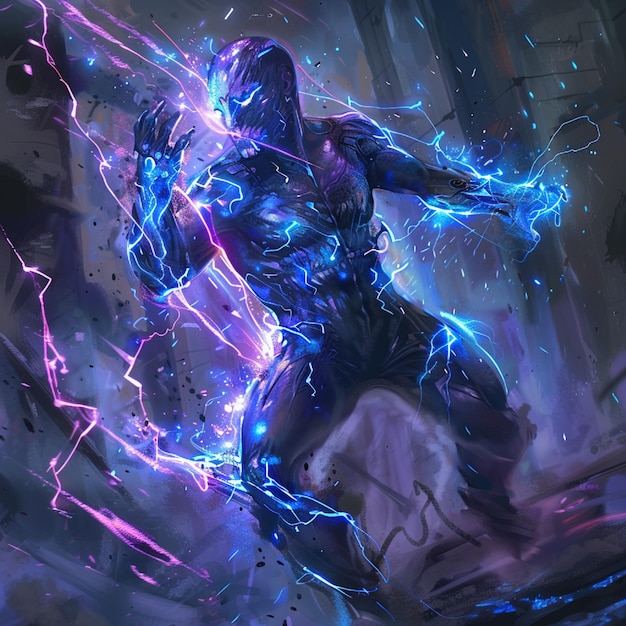 Un campeón electrónico usando una energía reluciente de vanguardia en la lucha