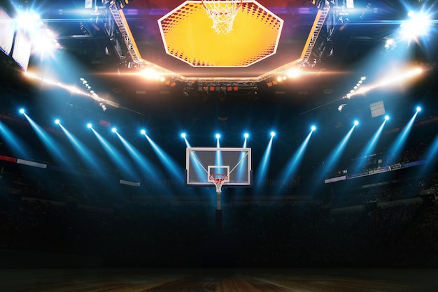 Campeonato de baloncesto Arena de baloncestro moderna con anillos con focos Torneo de ideas creativas y ganar juego de balonceso con sala llena de aficionados en fondo oscuro