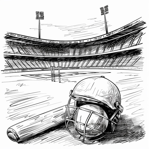 Campeonato de cricket con wicket de pelota con casco en el estadio de cricket boceto a mano libre