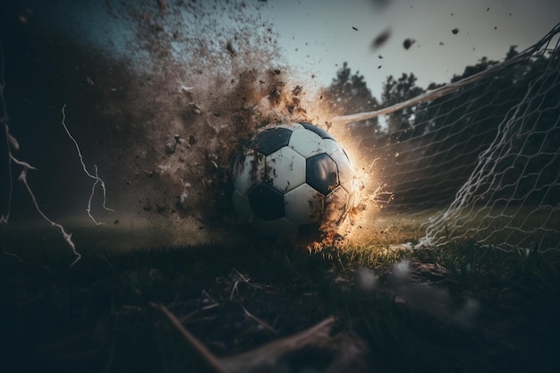 Campeonato de fútbol o torneo de fútbol, símbolo de pelota voladora de pelota de fútbol que vuela a la meta en el estadio de arena para la copa de fútbol o el equipo de la liga universitaria y el club de fans