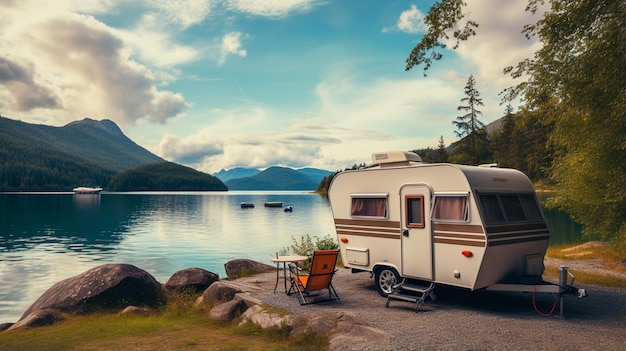 Foto camper an einem see in einem schönen wald in den bergen