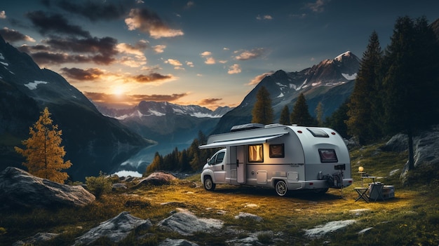 Camper Arafed estacionado en una ladera rocosa con un ai generativo con vista a la montaña