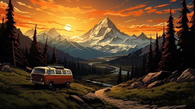 Foto camper com uma ilustração de um pico de montanha